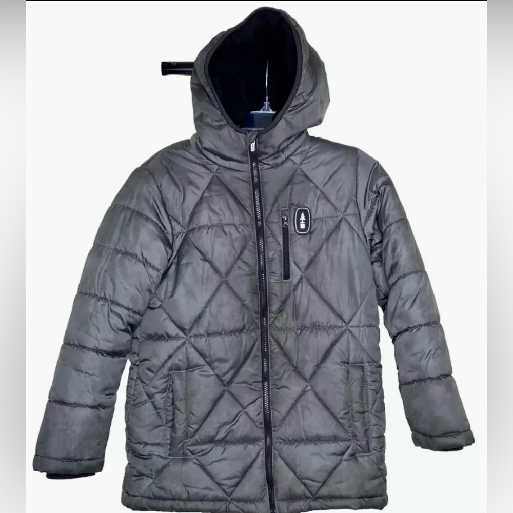 Bass Outdoor Youth Boys Winter Puffer Coat Gray Hooded Full Zip Front Ski Snow